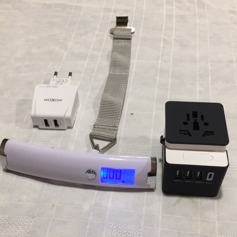 European plug Adapters & Luggage scale Multi unit plug in Phone Adaptor Like NEW